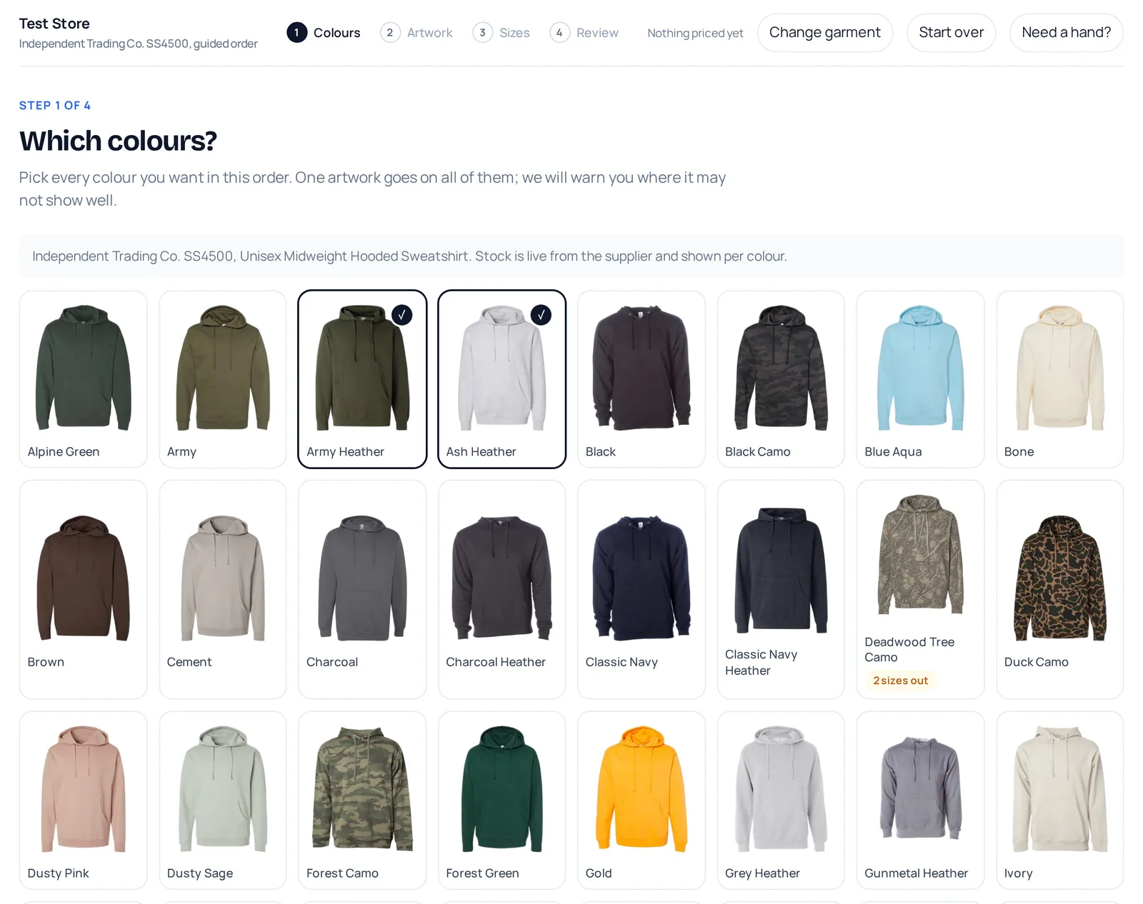 The colour step: a grid of the hoodie photographed in every colour, three selected