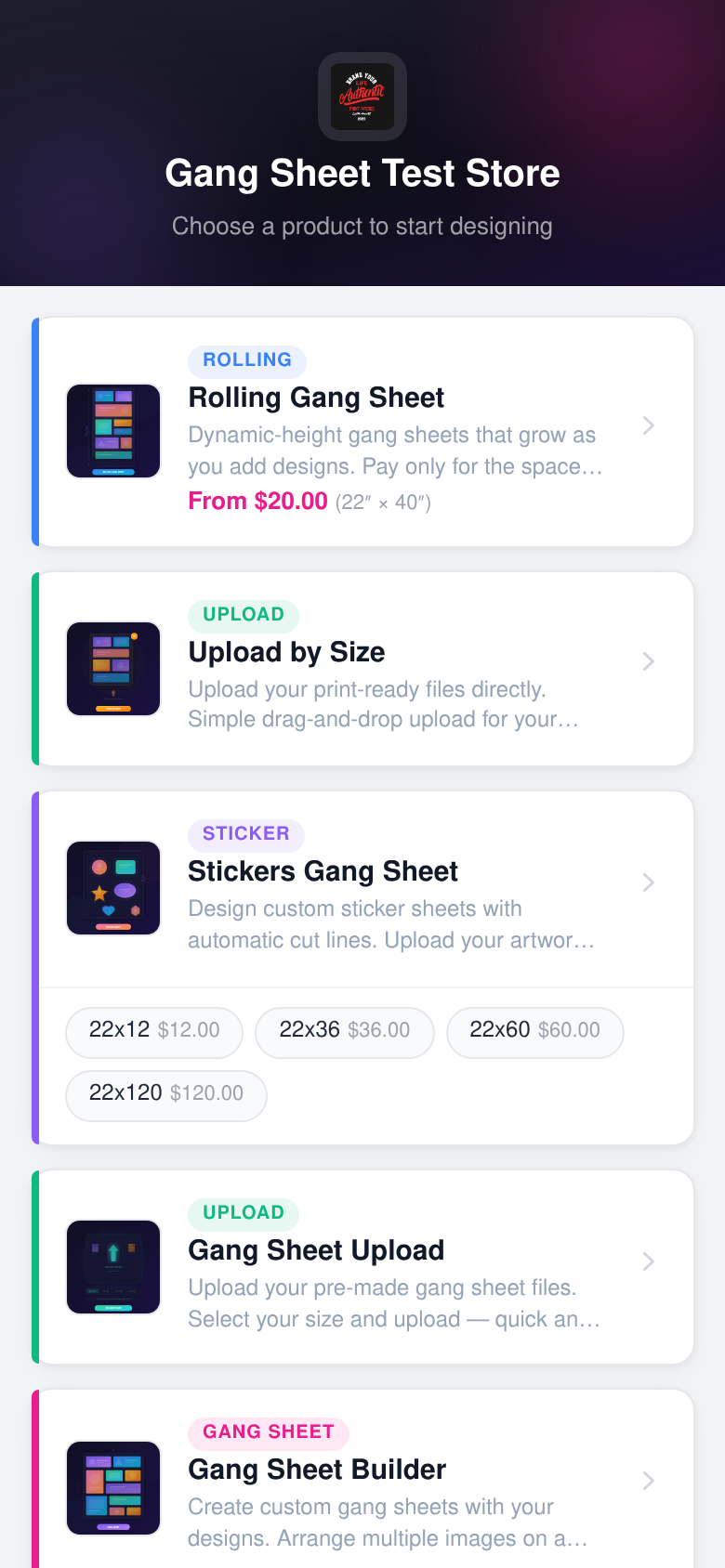Gang Sheet Builder mobile PWA showing product list